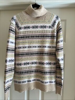 LOFT Cream Fair Isle Turtleneck Sweater with Pink and Gray Accents, Small